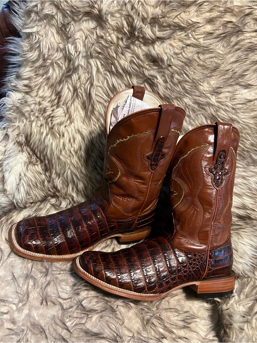 Men's Brown Exotic CAIMAN Print & Leather Western Boots with Embossed Shaft Sz 8 - Picture 7 of 15